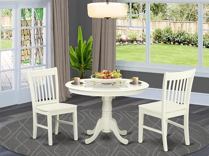 East West Furniture HLNO3-LWH-W 3 Piece Dinette Set for Small Spaces Contains a Round Dining Table with Pedestal and 2 Dining Chairs, 42x42 Inch, Linen White - LeafyLoom