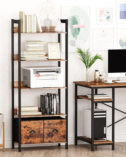 Furologee 5-Tier Bookshelf, Tall Bookcase with 2 Storage Drawers, Industrial Display Standing Shelf Units, Wood and Metal Storage Shelf for Living Room, Bedroom, Home Office, Rustic Brown - LeafyLoom