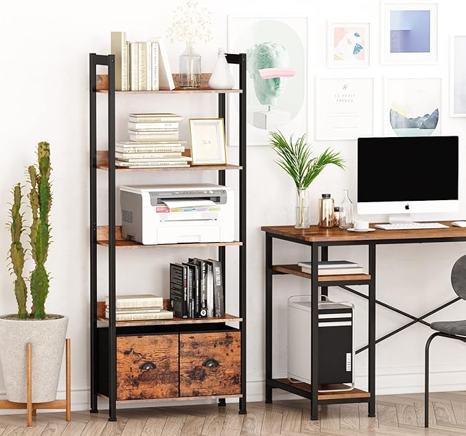 Furologee 5-Tier Bookshelf, Tall Bookcase with 2 Storage Drawers, Industrial Display Standing Shelf Units, Wood and Metal Storage Shelf for Living Room, Bedroom, Home Office, Rustic Brown - LeafyLoom