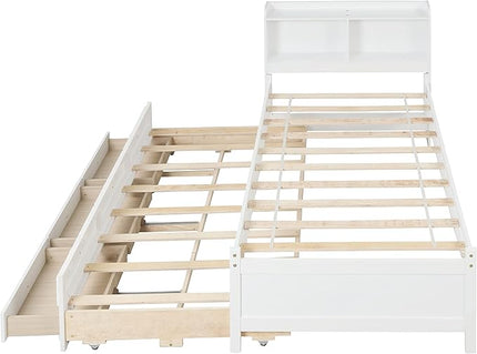 Platform Bed Twin Size with Bookcase Headboard, Trundle and 3 Drawers, Wooden Storage Bedframe for Kids Teens Adults Bedroom - LeafyLoom