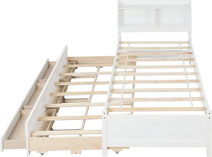 Platform Bed Twin Size with Bookcase Headboard, Trundle and 3 Drawers, Wooden Storage Bedframe for Kids Teens Adults Bedroom - LeafyLoom