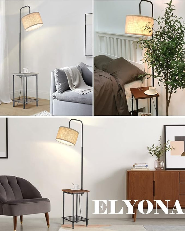 ELYONA Industrial Table Floor Lamp, Solid Wood End Table lamp with USB Type-C Charging Port & Power Outlet, Side Table Shelf Tall Pole Standing Light for Living Room,Bedroom,LED Bulb Included, Brown - LeafyLoom