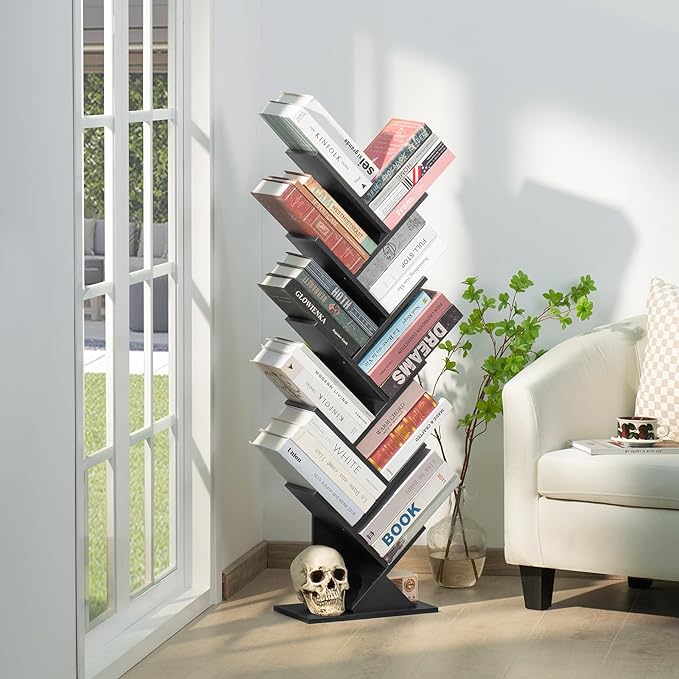 10 Tier Tree Book Shelf, Floor Standing Wood Bookshelf for Narrow Space, Storage Organizer Bookshelves for Books/CDs/Magazine, Bookcase with Shelves for Home Office, Living Room - Black - LeafyLoom