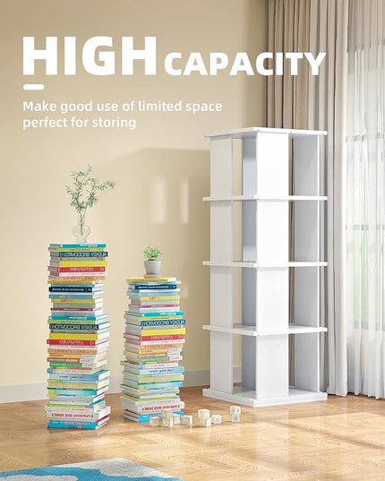 Rotating Bookshelf, 4-Shelf 360° Solid Wood Book shelf Tower, Stackable Revolving Bookcase Organizer for Living Room, Bedroom, Study(White 4 Tier) - LeafyLoom