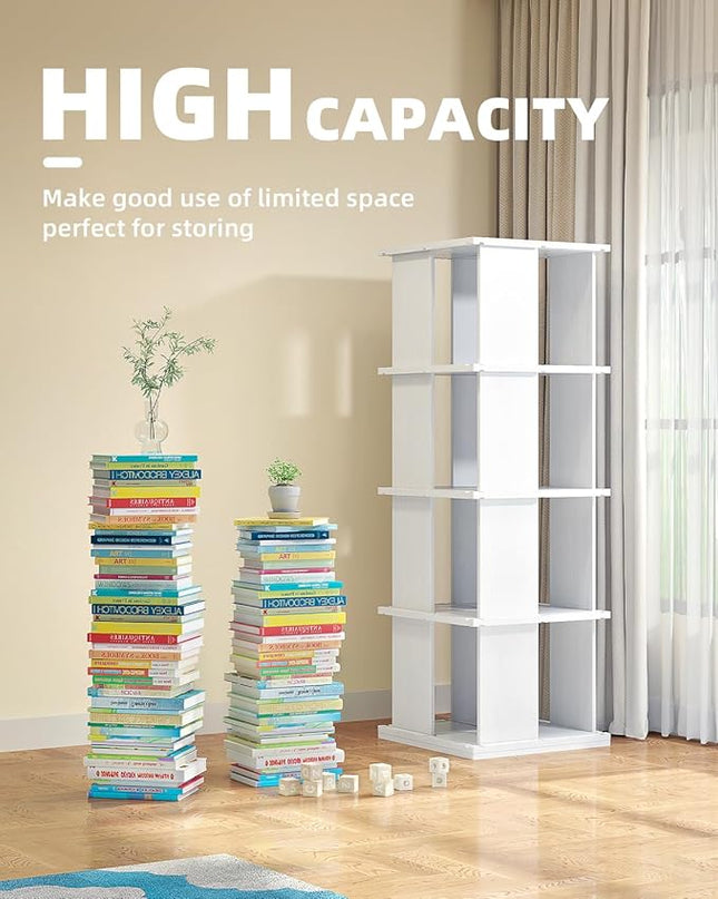 Rotating Bookshelf, 4-Shelf 360° Solid Wood Book shelf Tower, Stackable Revolving Bookcase Organizer for Living Room, Bedroom, Study(White 4 Tier) - LeafyLoom