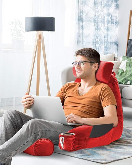 Clara Clark Reading Pillow, Large Back Pillow for Sitting Up in Bed, Memory Foam Back Support Pillow, Reading Pillows for Sitting in Bed Adult, Red Sit Up Pillow for Bed Chair with Arms and Pockets - LeafyLoom