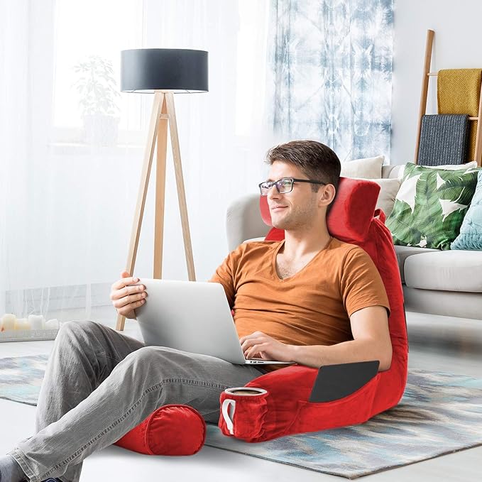 Clara Clark Reading Pillow, Large Back Pillow for Sitting Up in Bed, Memory Foam Back Support Pillow, Reading Pillows for Sitting in Bed Adult, Red Sit Up Pillow for Bed Chair with Arms and Pockets - LeafyLoom