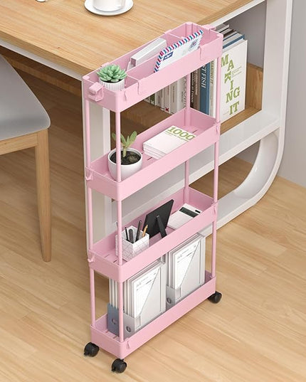 SPACELEAD Slim Storage Cart 4 Tier,Bathroom Storage Organizer Rolling Utility Cart, Mobile Shelving Unit Slide Out Storage Cart for Office, Bathroom, Kitchen, Laundry Room & Narrow Places， Pink - LeafyLoom