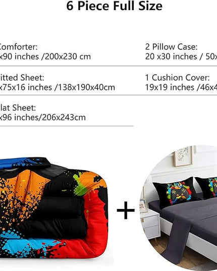 6 Pieces Gaming Bedding Set for Boys Gamer Comforter Set Full Size,Game Controller Comforter for Boys Kids 6 Pieces Bed in A Bag 3D Gamepad Microfiber Bedding Sets,DJT H5019 Full - LeafyLoom