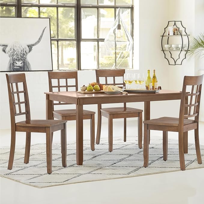 COLAMY Wooden Dining Chairs Set of 6, Nine-Square High Back Kitchen Side Chair, Farmhouse Dining Chairs for Kitchen and Dining Room, Light Brown - LeafyLoom