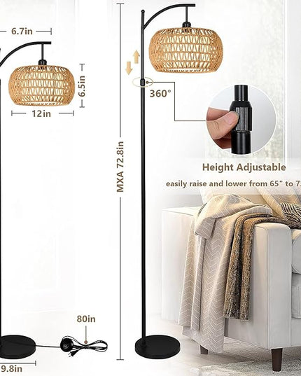 Arc Floor Lamps for Living Room Rattan Boho Floor Lamp with Remote Control,Dimmable LED Floor Lamp Wicker Lamp Shades Black Standing Lamp with 3 Color Temperature Tall Floor Lamp For Bedroom Corner - LeafyLoom