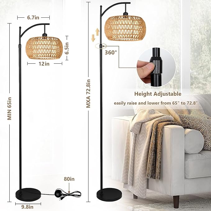 Arc Floor Lamps for Living Room Rattan Boho Floor Lamp with Remote Control,Dimmable LED Floor Lamp Wicker Lamp Shades Black Standing Lamp with 3 Color Temperature Tall Floor Lamp For Bedroom Corner - LeafyLoom