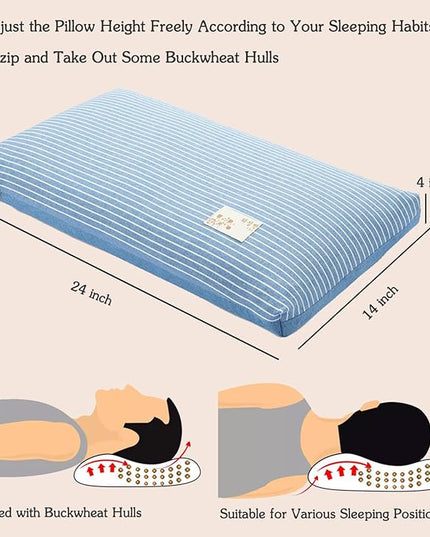 Buckwheat Bed Pillow for Sleeping Cervical Support Buckwheat Hull Pillow, Cooling Firm Buckwheat Neck Pillow,Adjustable Loft, Removable Pillowcase, Blue 24"X14" - LeafyLoom