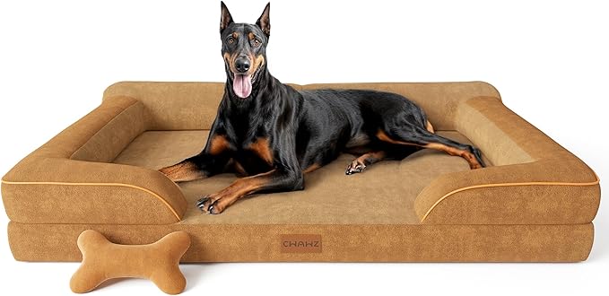 XXL Dog Bed for Extra Large Dogs, Giant Orthopedic Dog Bed with Cooling Gel Memory Foam, Waterproof Dog Bed with Removable Washable Cover, 53" Dog Sofa Bed Dutch Velvet with Bone Toy, Brown LeafyLoom