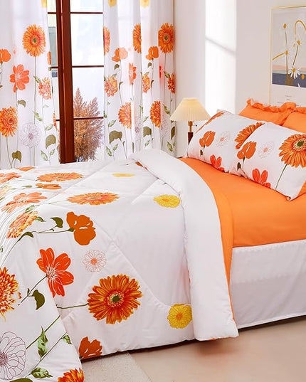 EVENHUG Twin Comforter Set 5 Pieces Reversible Twin Size Comforters for All Season Orange Sunflower Floral Bedding Sets Bed in a Bag with Flat Sheet and Fitted Sheet,Pillowcases & Shams - LeafyLoom