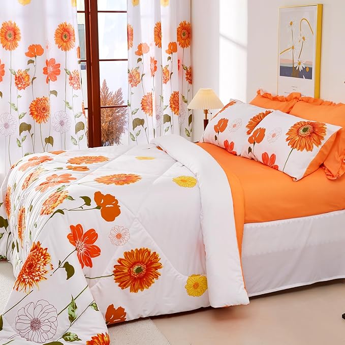 EVENHUG Twin Comforter Set 5 Pieces Reversible Twin Size Comforters for All Season Orange Sunflower Floral Bedding Sets Bed in a Bag with Flat Sheet and Fitted Sheet,Pillowcases & Shams - LeafyLoom