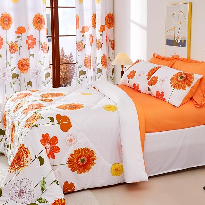 EVENHUG Queen Comforter Set 7 Pieces Reversible Queen Size Comforters for All Season Orange Sunflower Floral Bedding Sets Bed in a Bag with Flat Sheet and Fitted Sheet,Pillowcases & Shams - LeafyLoom