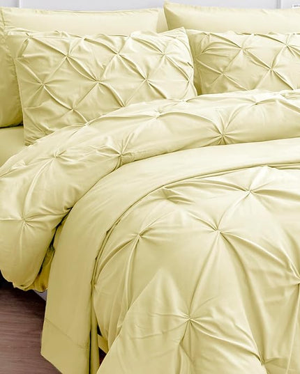 LANE LINEN Queen Comforter Set – 7 Piece Bed in a Bag – Pinch Pleated Queen Size Bedding Set with Comforter, Flat Sheet, Fitted Sheet, 2 Pillowcases & 2 Shams – Soft Pintuck Bed Set – Vanilla - LeafyLoom