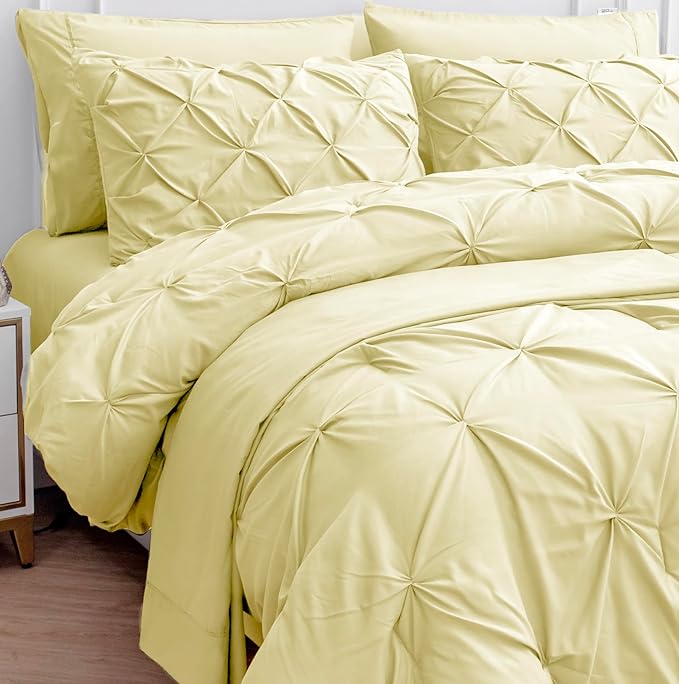 LANE LINEN Queen Comforter Set – 7 Piece Bed in a Bag – Pinch Pleated Queen Size Bedding Set with Comforter, Flat Sheet, Fitted Sheet, 2 Pillowcases & 2 Shams – Soft Pintuck Bed Set – Vanilla - LeafyLoom