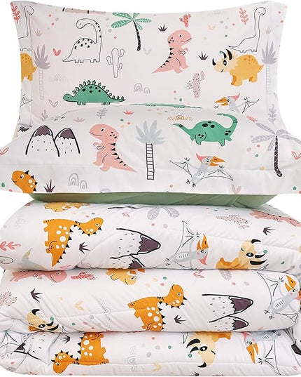Dinosaur Kids Comforter Set for Boys Twin, Cute Reversible Quilted Dino Printed Bedding Set with Pillow Sham, Lightweight Soft Breathable Machine Washable Bed Set 2 Piece - LeafyLoom