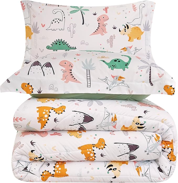 Dinosaur Kids Comforter Set for Boys Twin, Cute Reversible Quilted Dino Printed Bedding Set with Pillow Sham, Lightweight Soft Breathable Machine Washable Bed Set 2 Piece - LeafyLoom