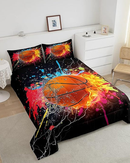 Teen Boys Basketball Bedding Set Twin Kids Sports Comforter Sets Soft Lightweight Bedroom Dorm Decor,Red Blue Fire And Water Lightning Ball Duvet Insert,Colorful Grunge Tie Dye Quilt Bedding 2 Pcs - LeafyLoom