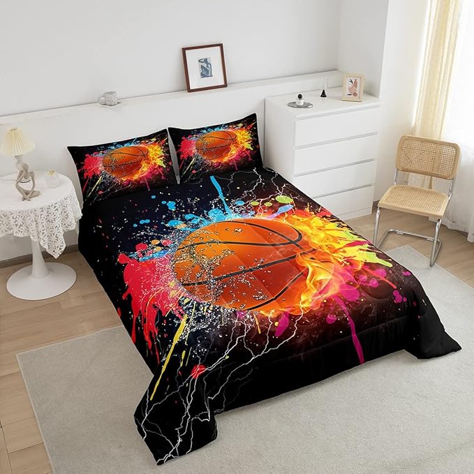 Teen Boys Basketball Bedding Set Twin Kids Sports Comforter Sets Soft Lightweight Bedroom Dorm Decor,Red Blue Fire And Water Lightning Ball Duvet Insert,Colorful Grunge Tie Dye Quilt Bedding 2 Pcs - LeafyLoom
