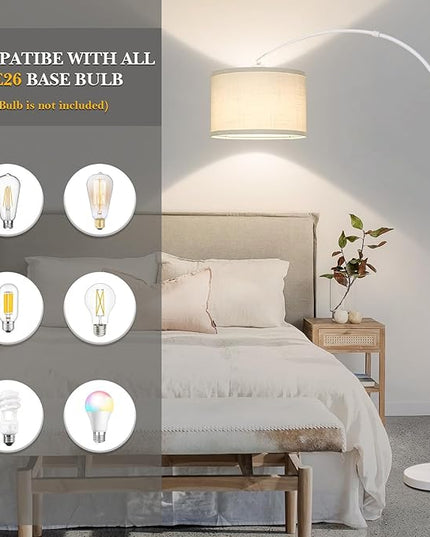 White Arc Floor Lamp, Modern Floor Lamp for Living Room with Adjustable Lamp Head, Tall Pole Standing Lamp with On/Off Pedal Switch, Over Couch Arched Reading Light for Bedroom, Office, Study Room - LeafyLoom