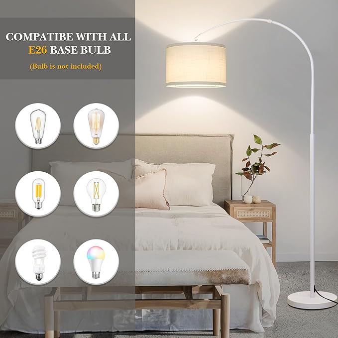 White Arc Floor Lamp, Modern Floor Lamp for Living Room with Adjustable Lamp Head, Tall Pole Standing Lamp with On/Off Pedal Switch, Over Couch Arched Reading Light for Bedroom, Office, Study Room - LeafyLoom