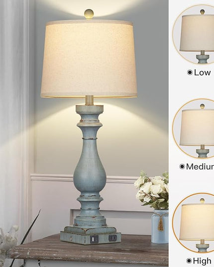 29" Tall Table Lamp for living room set of 2,Coastal Bedside Nightstand Lamps with USB C+A Ports & AC Outlet,3-Way Dimmable Touch Control Retro Blue Desk Lamp for Bedroom,color 3 - LeafyLoom