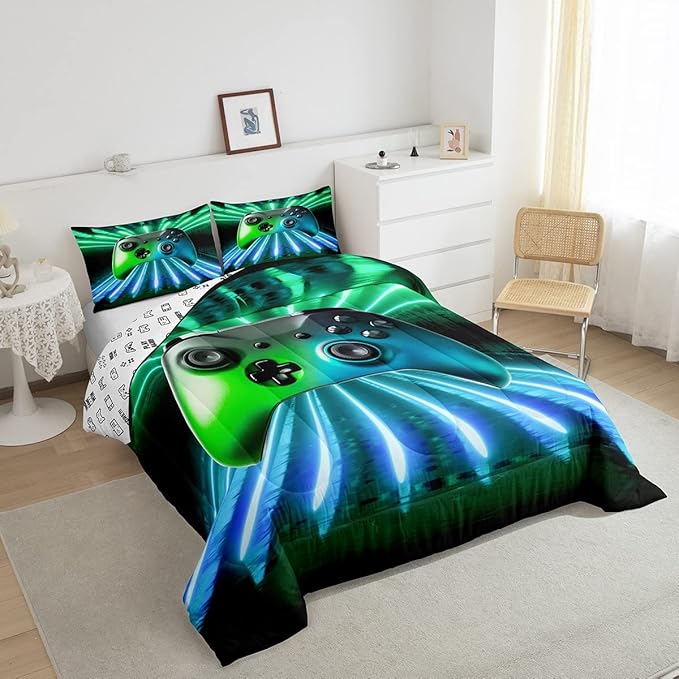 Erosebridal Green Blue Gamepad Comforter Set, Game Player Bedding Set Full Size Modern Gamer Gaming Quilted Duvet Neon Trippy Duvet Set for Kids Boys Girls Teens Young Man Room Decorative - LeafyLoom