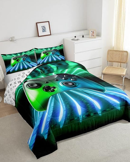 Erosebridal Green Blue Gamepad Comforter Set, Game Player Bedding Set King Size Modern Gamer Gaming Quilted Duvet Neon Trippy Duvet Set for Kids Boys Girls Teens Young Man Room Decorative - LeafyLoom