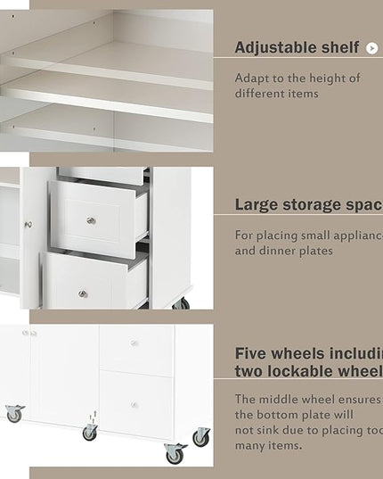 52.7 Cart with Wood Top and Drop Leaf Breakfast Bar, Rolling Mobile Island Towel Rack,Large Storage Cabinet Kitchen Table for Dinning Room, White, 52.76 Inch - LeafyLoom