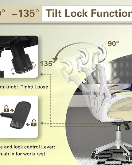 Ergonomic Office Chair, High Back Mesh Desk Chair with Thick Molded Foam Cushion, Coat Hanger, Adjustable Headrest, Lumbar Support, Tilt & Lock Function - Task Computer Chair (Beige) - LeafyLoom