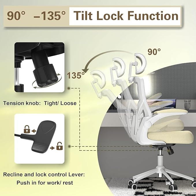 Ergonomic Office Chair, High Back Mesh Desk Chair with Thick Molded Foam Cushion, Coat Hanger, Adjustable Headrest, Lumbar Support, Tilt & Lock Function - Task Computer Chair (Beige) - LeafyLoom