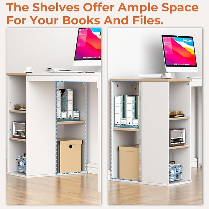 Coavas Computer Desk with Storage, Home Office Desk with Adjustable Shelves, Simple Style Writing Study Desk with Metal Frame, Modern Design PC Laptop Desk, 47 inch, White and Oak - LeafyLoom