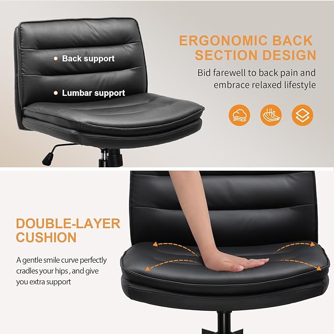 COMHOMA Criss Cross Chair with Wheels, Armless Wide Cross Legged Office Chair Mid Back, Modern Home Office Desk Chair Swivel Adjustable Vanity Computer Chair, Black - LeafyLoom