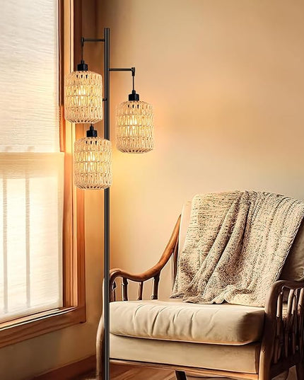 Floor Lamp for Living Room,Bedroom,3-Lights Boho Rattan Tree Floor Lights,Industrial Black Farmhouse Standing Lamp Wicker Rustic Tall Lamp,Woven Bamboo LampShade Floor Lamps Bohemian - LeafyLoom
