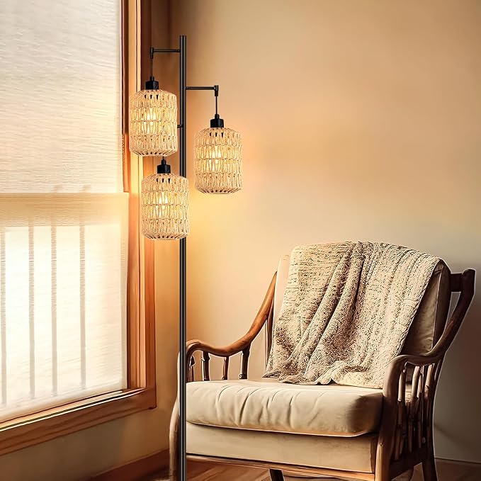 Floor Lamp for Living Room,Bedroom,3-Lights Boho Rattan Tree Floor Lights,Industrial Black Farmhouse Standing Lamp Wicker Rustic Tall Lamp,Woven Bamboo LampShade Floor Lamps Bohemian - LeafyLoom