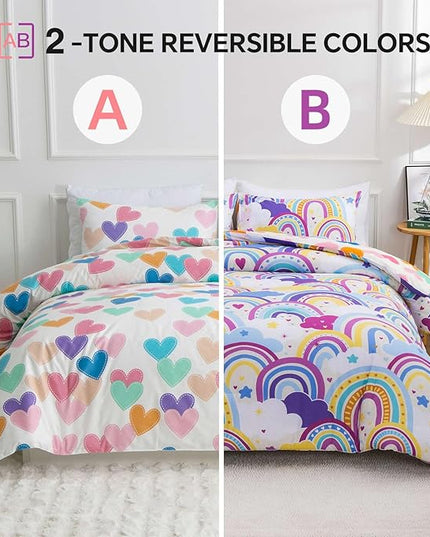 Btargot Lightweight Soft 3 Piece Rainbow Comforter Set with 2 Pillow Covers, Cartoon Love Hearts Flowers and Sun Star Bedding Set for Girls Boys Kids,Twin Light Purple - LeafyLoom
