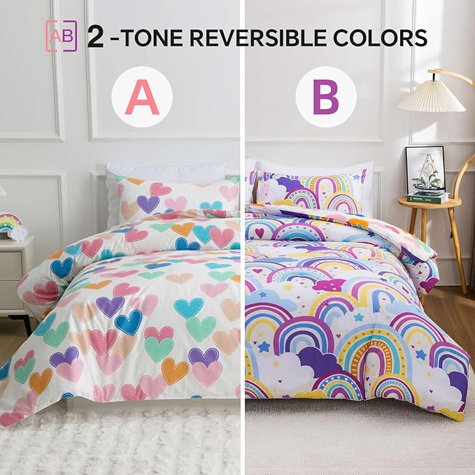 Btargot Lightweight Soft 3 Piece Rainbow Comforter Set with 2 Pillow Covers, Cartoon Love Hearts Flowers and Sun Star Bedding Set for Girls Boys Kids,Queen Light Purple - LeafyLoom