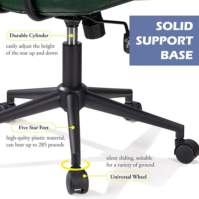 Arts Wish Mid Century Office Chair, Green Leather Desk Chair with Wheels and Arms, Adjustable Seat Height and Backrest, Suitable for Home or Office Use - LeafyLoom