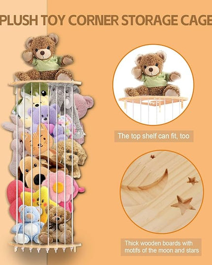 Corner Stuffed Animal Storage Wood Plush Toys Hanging Organizer Length Adjustable Stuffed Animal Holder with Moon Star Pattern Kids Toy Shelf Large Toy Storage for Nursery Playroom Bedroom Furniture - LeafyLoom