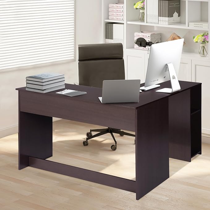 FurnitureR 47.2-Inch L-Shaped Computer Desk Home Office Study Writing Corner Gaming Table Retro Design Work Station Space-Saving for Study Room Bedroom, Brown - LeafyLoom