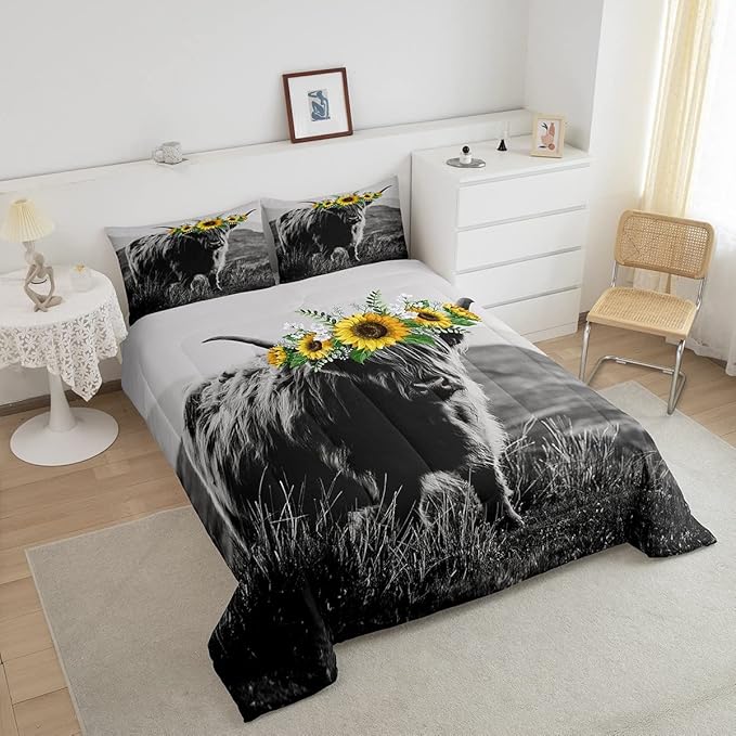 Highland Cow Comforter Set Queen Size for Adult Women Sunflower Cow Print Down Comforter Farmhouse Wild Animal Cows with Gray Fur Quilted Duvet Decor 3 Pcs Bedding ,1 Duvet Cover + 2 Pillowcases - LeafyLoom