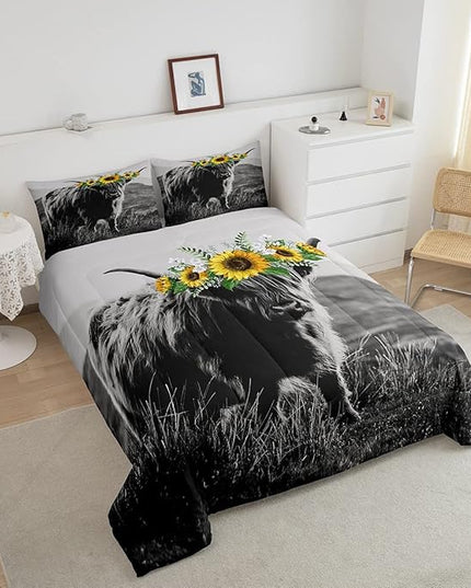 Highland Cow Comforter Set King Size for Adult Women Sunflower Cow Print Bedding Farmhouse Decor Wild Animal Cows with Gray Fur Quilted Duvet Decor 3 Pcs Bedding ,1 Duvet Cover + 2 Pillowcases - LeafyLoom