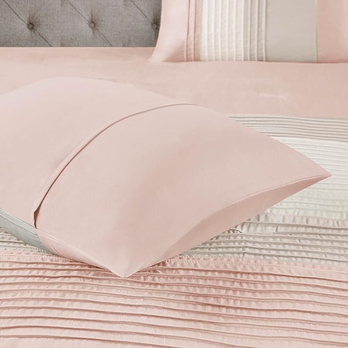 Madison Park Amherst Faux Silk Comforter Set-Casual Contemporary Design All Season Down Alternative Bedding, Matching Shams, Bedskirt, Decorative Pillows, Queen (90 in x 90 in), Blush/Taupe 7 Piece - LeafyLoom