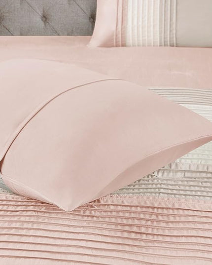 Madison Park Amherst Faux Silk Comforter Set - Casual Contemporary Design, All Season Down Alternative Bedding, Matching Shams, Bedskirt, Decorative Pillows, Blush/Taupe Cal King(104"x92") 7 Piece - LeafyLoom