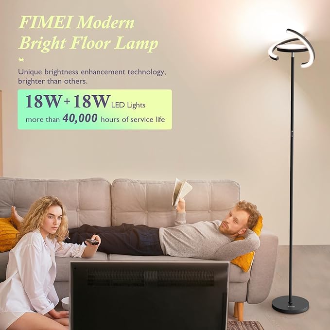 FIMEI Modern Black Metal Saturn Ring LED Floor Lamp, Stepless Dimming and Color Temperature Adjustment, Rotatable Lamp Head, Independent Control of Upwards Round Light and Outer Ring Light - LeafyLoom