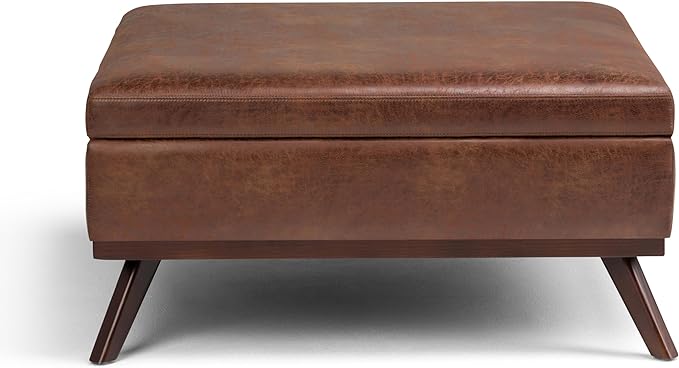 SIMPLIHOME Owen 36 Inch Wide Mid Century Modern Square Coffee Table Lift Top Storage Ottoman in Upholstered Distressed Saddle Brown Faux Leather, For the Living Room - LeafyLoom